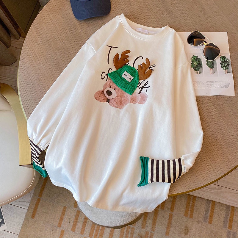 Áo Thun Tay Dài Cổ Tròn Dáng Rộng In Họa Tiết Hoạt Hình Dễ Thương Cho Nữ