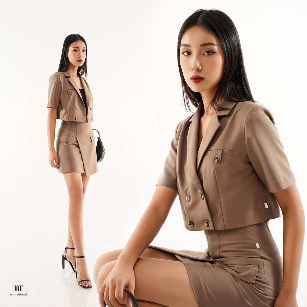 Set blazer nữ Méo shop dáng croptop ngắn tay áo vest phong cách công sở | BigBuy360 - bigbuy360.vn