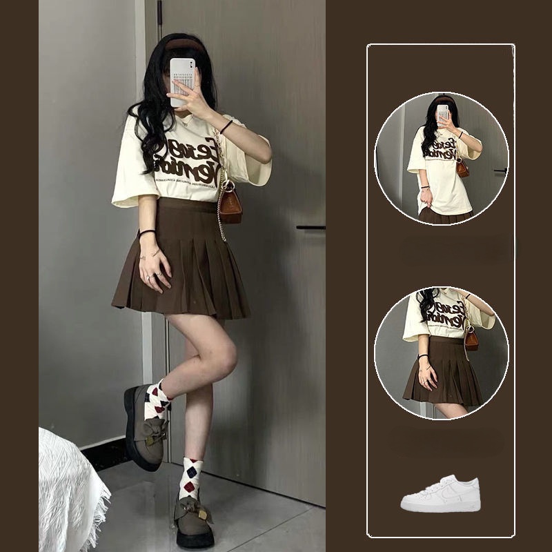 AMOI Bộ Áo Thun + Chân Váy Kaki Xếp Ly Phong Cách Retro Hàn Quốc Cho Nữ