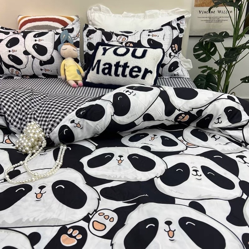 Bộ ga gối poly gấu trúc trắng đen (2 vỏ gối + 1 ga)