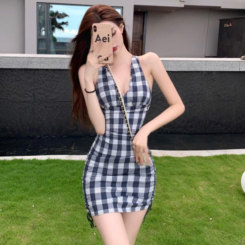 Đầm Hai Dây Cổ Chữ V Hở Lưng Họa Tiết Sọc Caro Phong Cách Hàn Quốc Quyến Rũ Cho Nữ