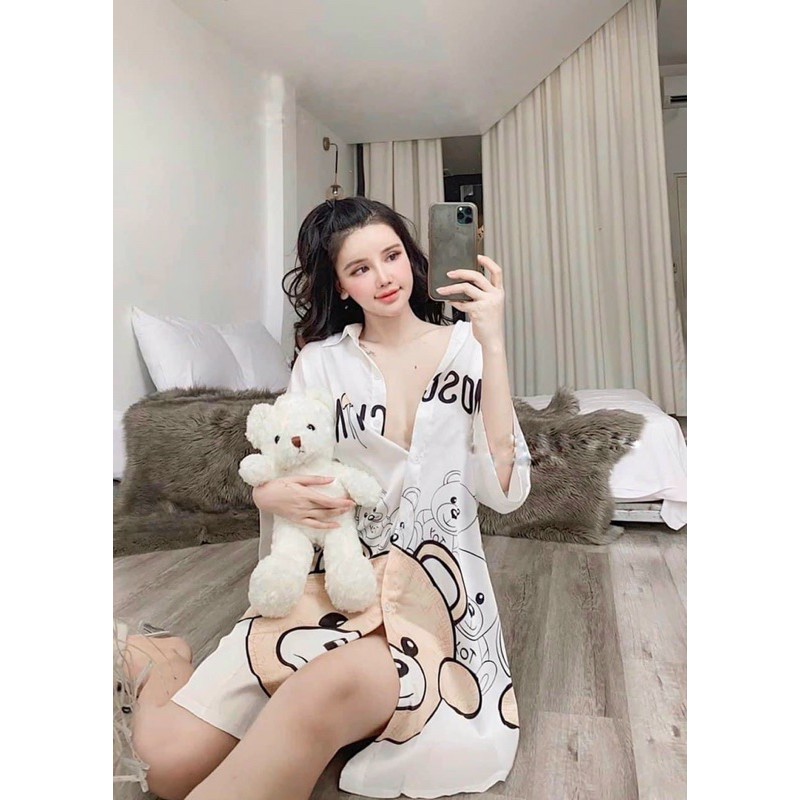 Váy ngủ sơ mi lụa tay lỡ hoa cười L V cao cấp 15