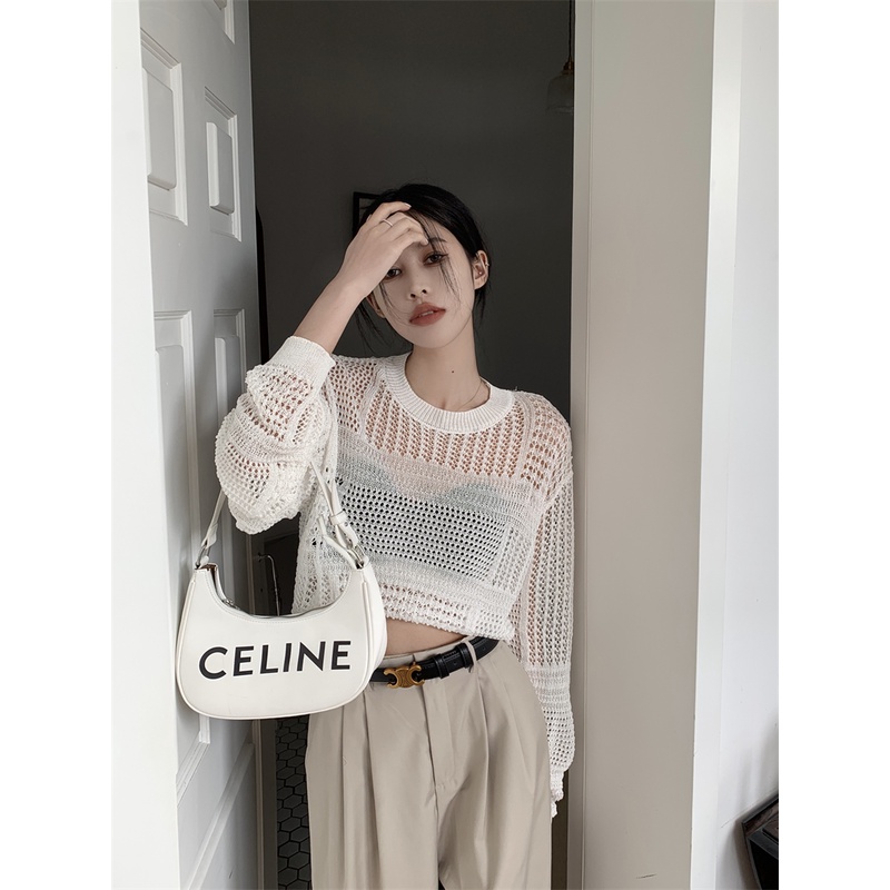 QKOOLE  Áo Croptop Dệt Kim Tay Dài Cổ Tròn Phong Cách Hàn Quốc Cổ Điển Thời Trang Cho Nữ