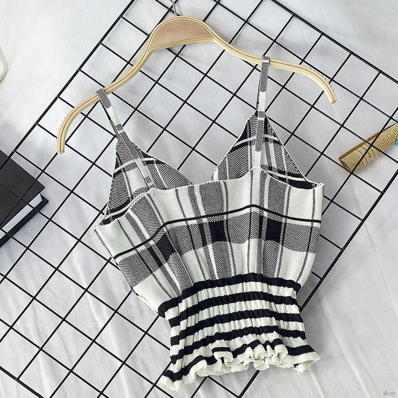 Áo Hai Dây Cổ Chữ V Họa Tiết Caro Quyến Rũ