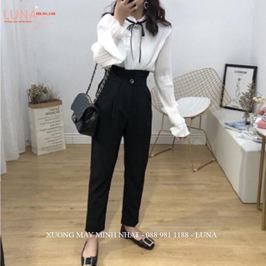 Quần tây cạp bèo lưng cao đi học làm công sở màu Đen kiểu quần baggy công sở học sinh vải Vitex dày mềm dáng âu nữ dài