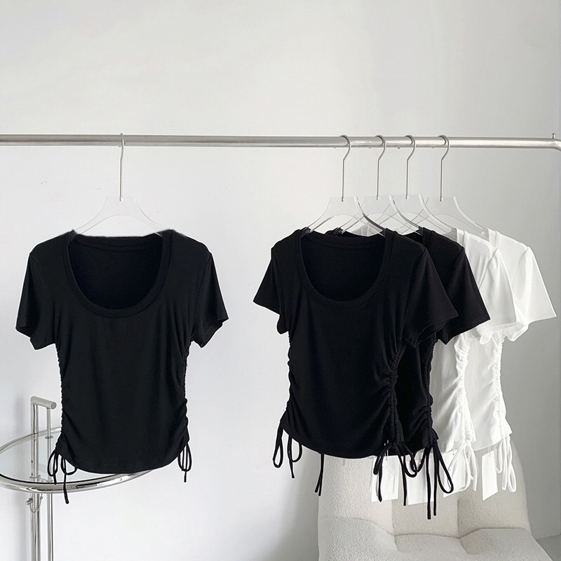 Áo Croptop Rút Dây Tay ngắn cá tính ôm sexy, áo cổ U dây rút A119