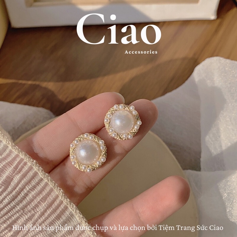 [HỎA TỐC 1H] Khuyên tai/ Bông tai mạ bạc S925 thiết kế đính viền hạt ngọc Hilary Ciao