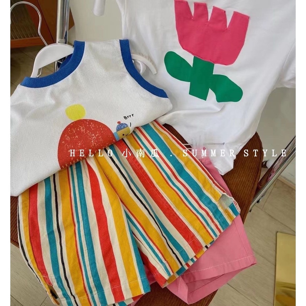 Set Áo Thun Tay Ngắn + Quần Short Kẻ Sọc Màu Sắc Tương Phản Phong Cách Hàn Quốc Thời Trang Cho Bé Từ 0-6 Tuổi