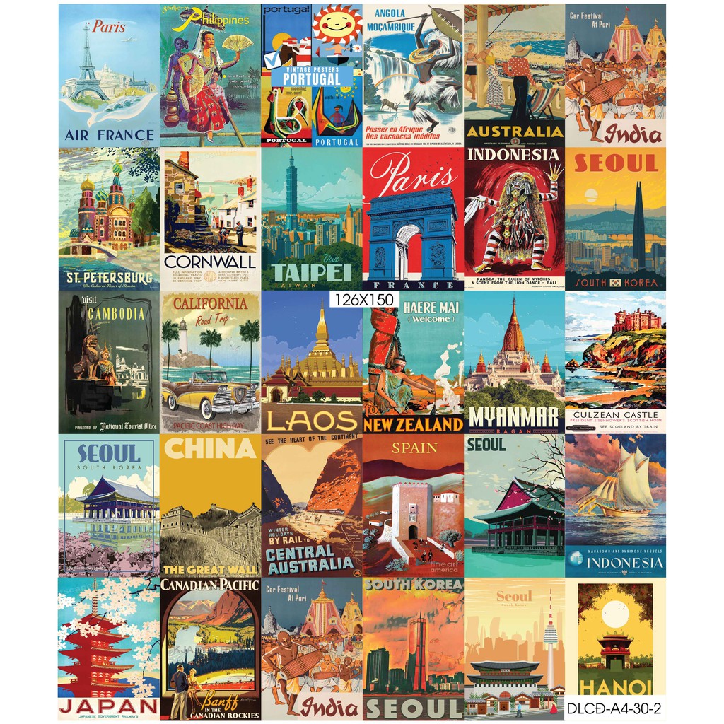 Combo Set 50 tờ Decal dán tường chủ đề Du lịch cổ điển