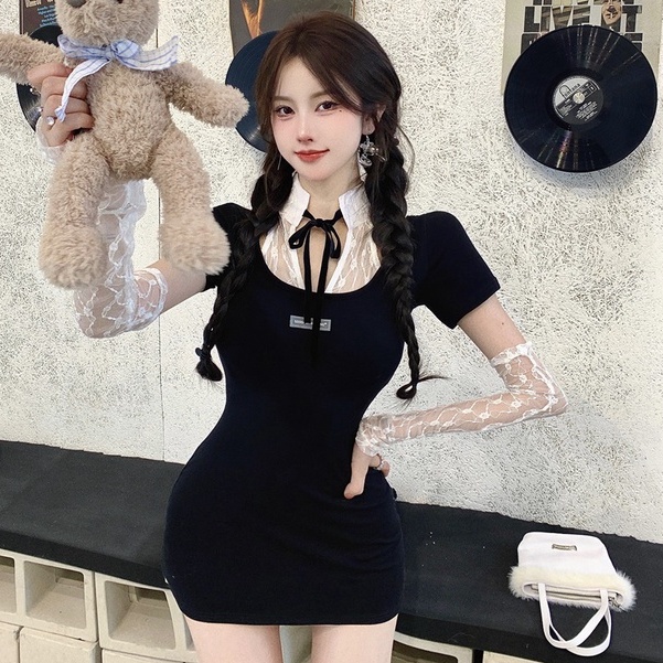 Đầm Ôm Dáng Tay Ngắn Co Giãn Phối Ren Thời Trang Mùa Hè Hàn Quốc Mới