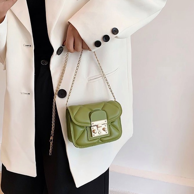 Túi mini dây xích trám thời trang túi hộp vuông khóa kim loại vuông cổ điển