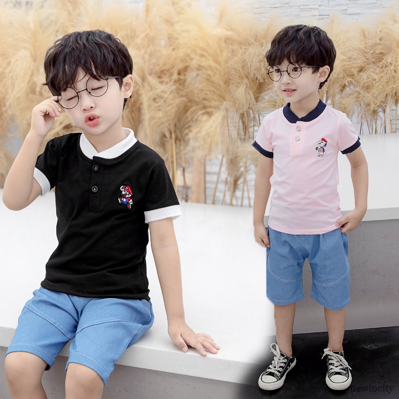 Set Áo Thun Ngắn Tay In HỌa Tiết Hoạt Hình Kèm Quần Ngắn Cho Bé Trai