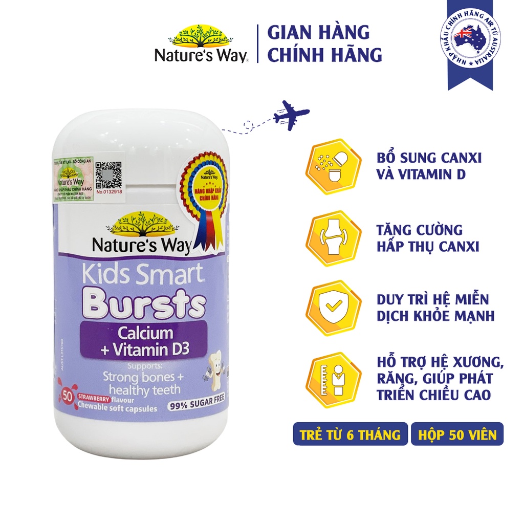 Viên Nhai Cho Bé NATURE’S WAY Kids Smart Calcium + Vitamin D3 Burstlets Bổ Sung Canxi Giúp Bé Phát Triển Chiều Cao