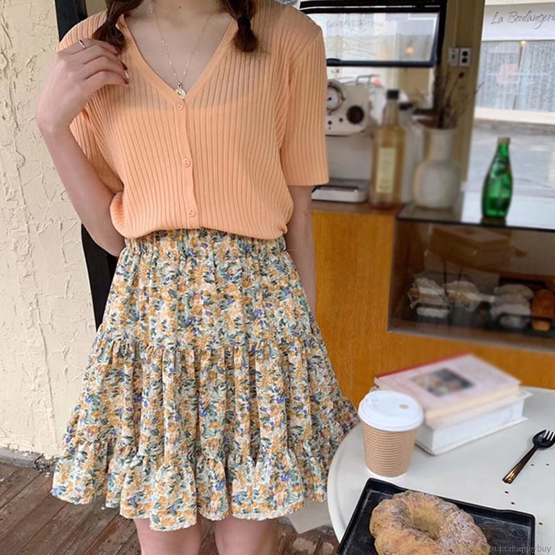 Women Sweet Ruffled High Waist Pleated Chiffon Floral Short Skirts