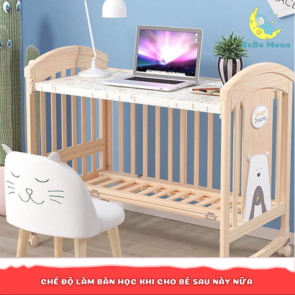 Giường Cũi Đa Năng 6 Trong 1 Bebe Moon Chất Liệu Gỗ Thông Nhập Khẩu, Bảo Hành 36 Tháng