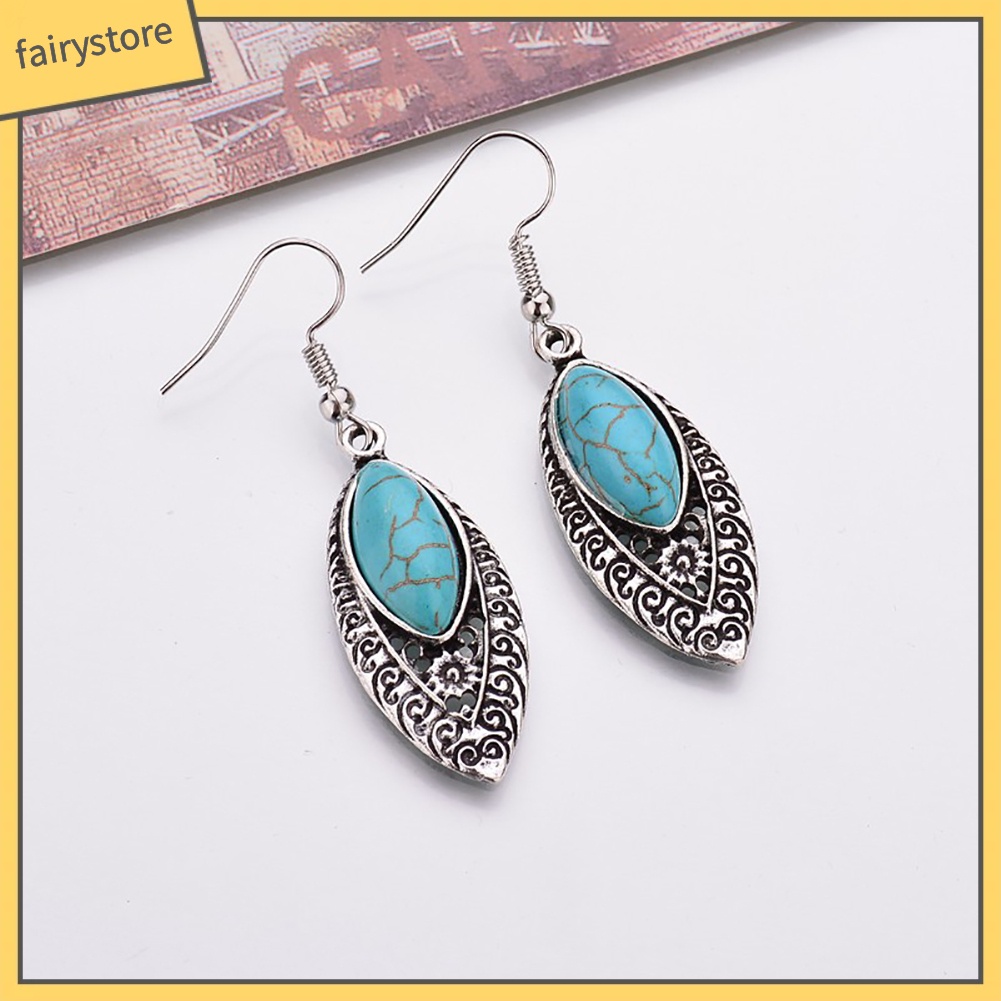 Bông tai dáng dài đính đá ngọc lam nhân tạo phong cách bohemian độc đáo