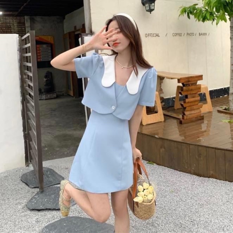 Set đầm ngắn kiểu nữ hai dây suông xoè kèm áo blazer kiểu tay ngắn croptop - Order taobao quảng châu