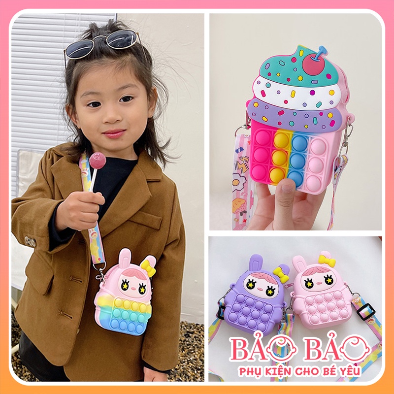 Túi đeo chéo silicon hình Ngựa Pony, Mickey, bánh Donut cho trẻ em POP IT