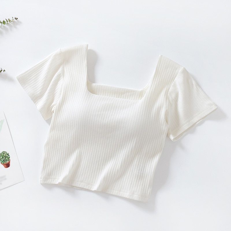 Áo thun tay ngắn cổ vuông màu trơn có mút đệm ngực thời trang cho nữ