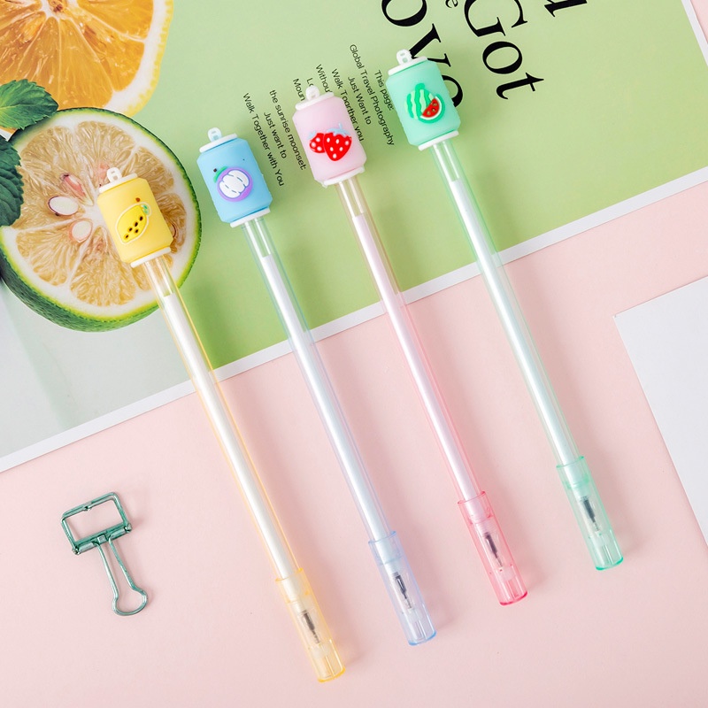 Set 4 Bút Mực gel Ngòi Bút 0.5mm Màu Đen Trong Suốt Hình soda Trái Cây Sáng Tạo
