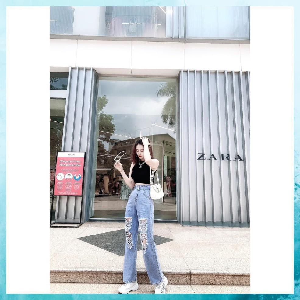 [TH Jeans] Quần bò dài rách dáng suông, quần jeans lưng cao túi chéo 2 khuy. Mã D3160