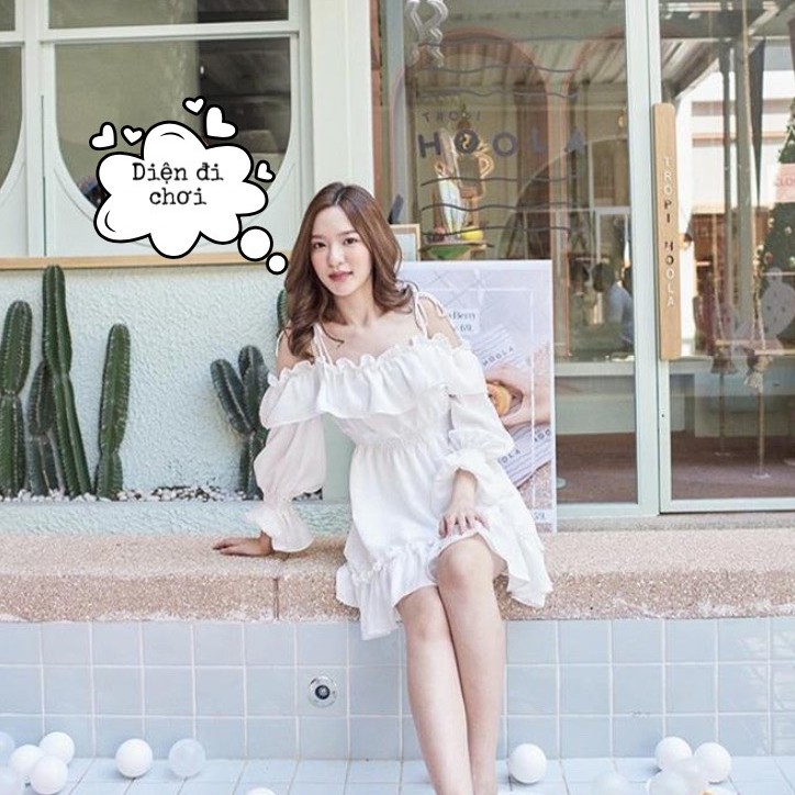 Đầm trắng trễ vai hot 2022_ Váy 2 dây maxi rớt vai tay bồng đi chơi xinh xắn nhà LioLa | BigBuy360 - bigbuy360.vn