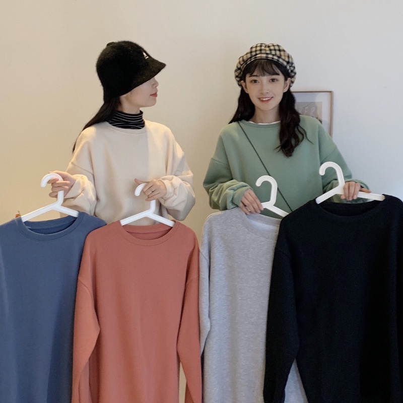 Áo Sweater Tay Dài Màu Trơn Phong Cách Hàn Quốc