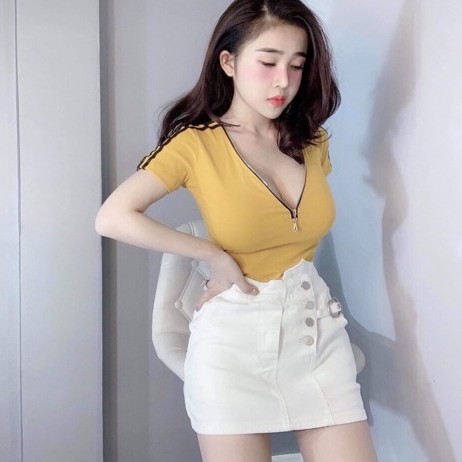 Áo thun cổ V phối khoá kéo ngực (FreeShip Extra)