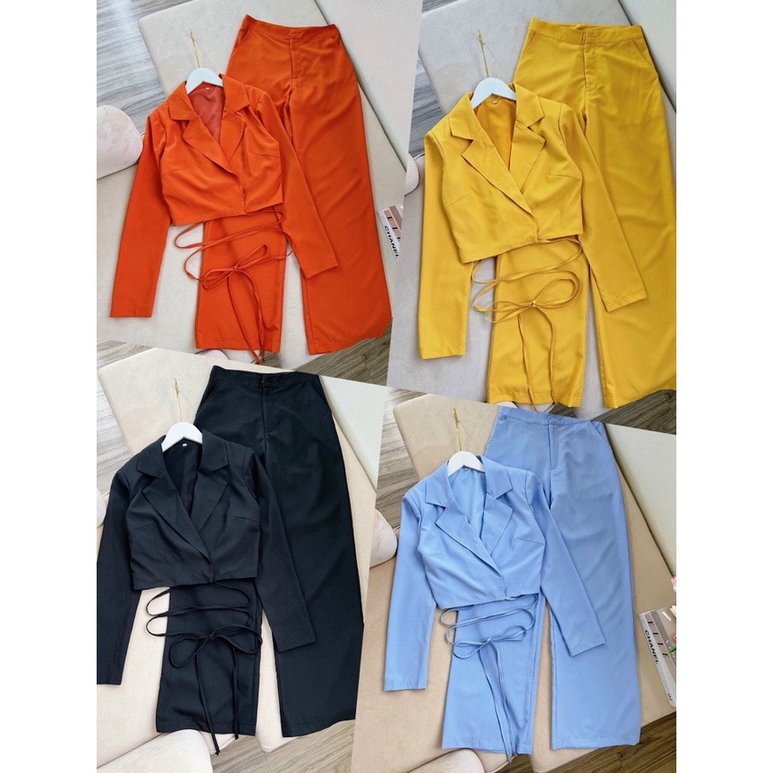Set vest quần dài , cạp cao , ống rộng + áo croptop dây cột eo cho nữ , cá tính , đi chơi , đi làm