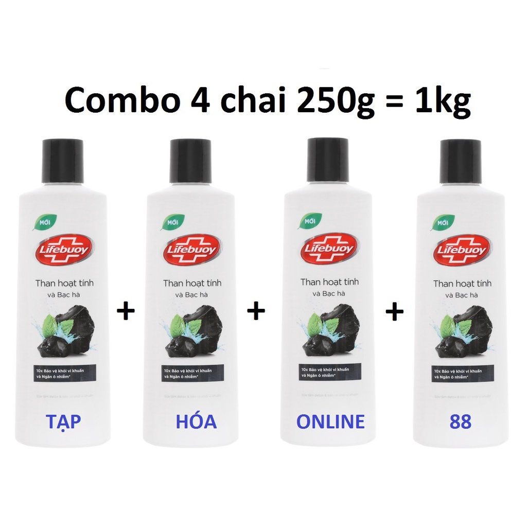 Combo 4 chai Sữa tắm Detox Lifebuoy than hoạt tính chai 250g