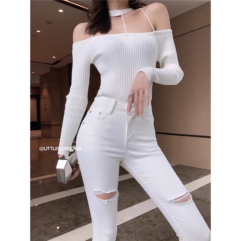 [Quần TOPSHOP skinny jean nữ trắng đen rách gối lưng cao co dãn quảng châu