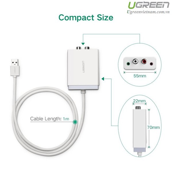 Card sound USB to RCA hỗ trợ Mic + tai nghe chính hãng Ugreen 30521 cao cấp