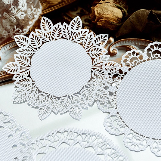 Bộ sticker vintage tấm giấy ren tròn 10cm trang trí Bullet Journal Sổ KLONG, nắp hộp quà STI23 đồ handmade đẹp mắt