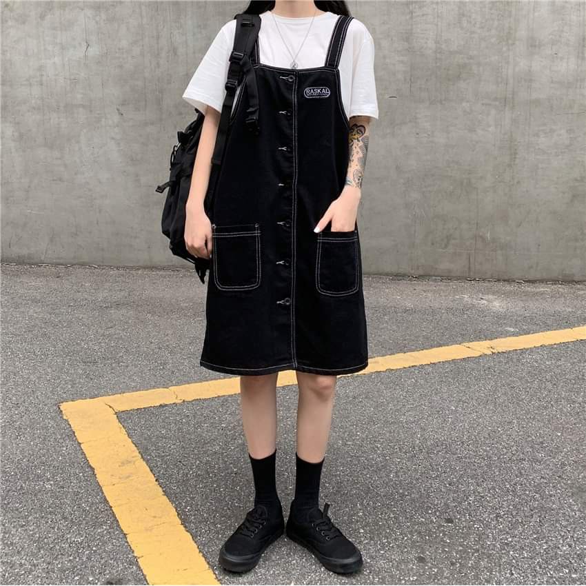 Váy yếm jean nữ chất thô mềm dễ mix đồ form rộng dáng suông | BigBuy360 - bigbuy360.vn