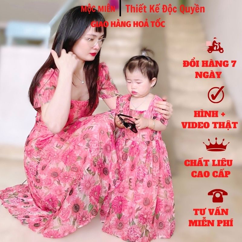 Váy đôi mẹ bé cổ vuông hoa hương dương chất von tơ có lót fom dáng maxi đi biển cực xinh MB04
