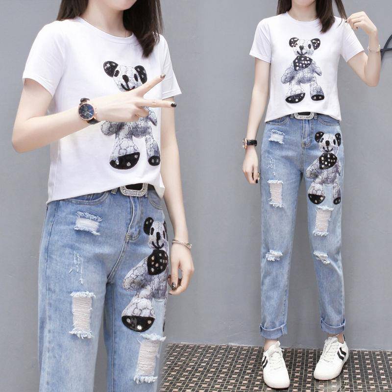 Set Áo Thun + Quần Jean Dài Đính Kim Sa Họa Tiết Hoạt Hình Thời Trang Mùa Hè 2022