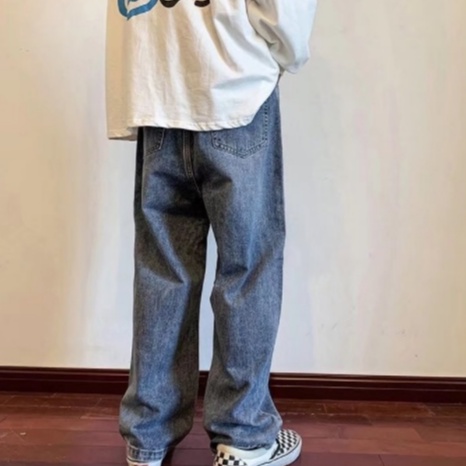 Sản phẩm mới mùa hè quần jean chân rộng thùng thẳng thời trang Nhật Bản Hàn Quốc cá tính rộng rãi đơn giản hàng ngày Unisex nam Jeans