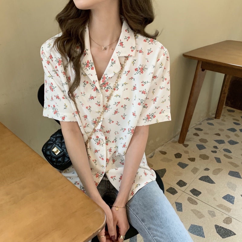 Áo Sơ Mi Ngắn Tay In Hoa Xinh Xắn Phong Cách Hàn Quốc