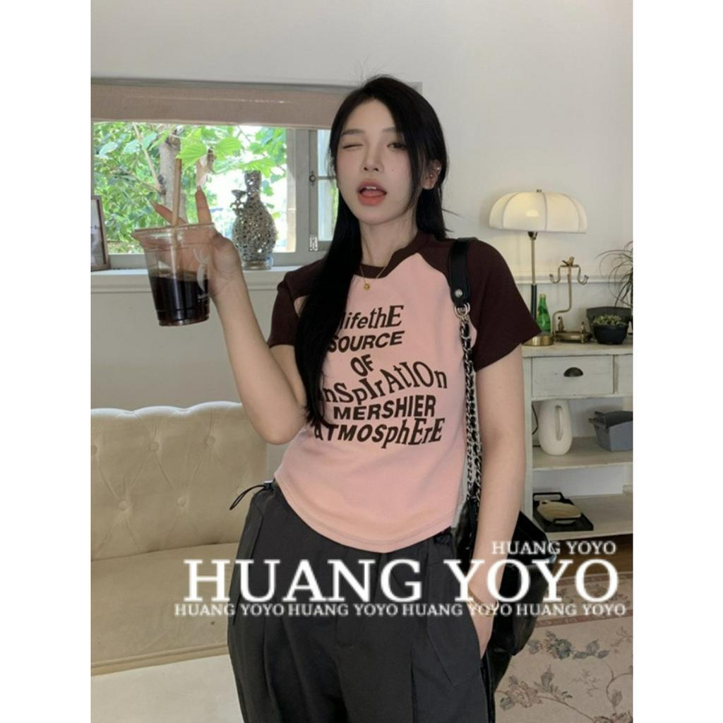 HUANG YOYO Áo Croptop Áo Thun Croptop Tay Ngắn Cổ Tròn In Chữ Phong Cách Mỹ Thời Trang Mùa Hè Cho Nữ