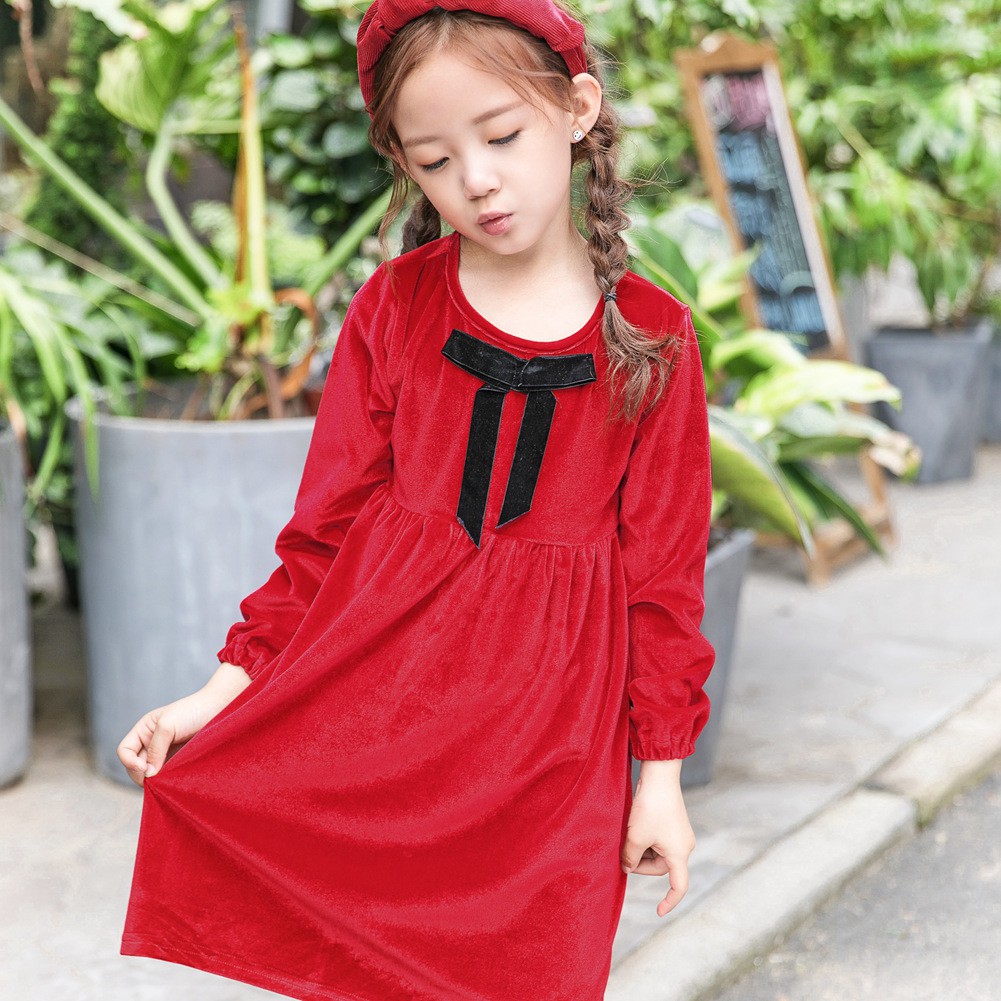 Sanlutoz Fashion Dress for Girls Red Long Sleeve Bow Dresses Party Wedding