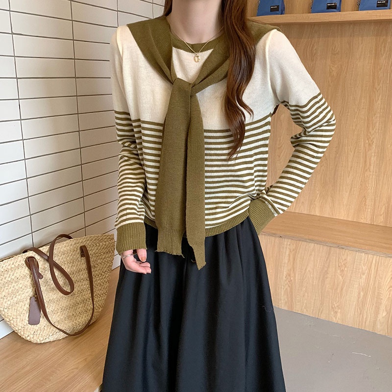 【ZHELIHANGFEI】Áo Dệt Kim Tay Dài Dáng Rộng Kẻ Sọc Giả Hai Lớp Dễ Phối Đồ