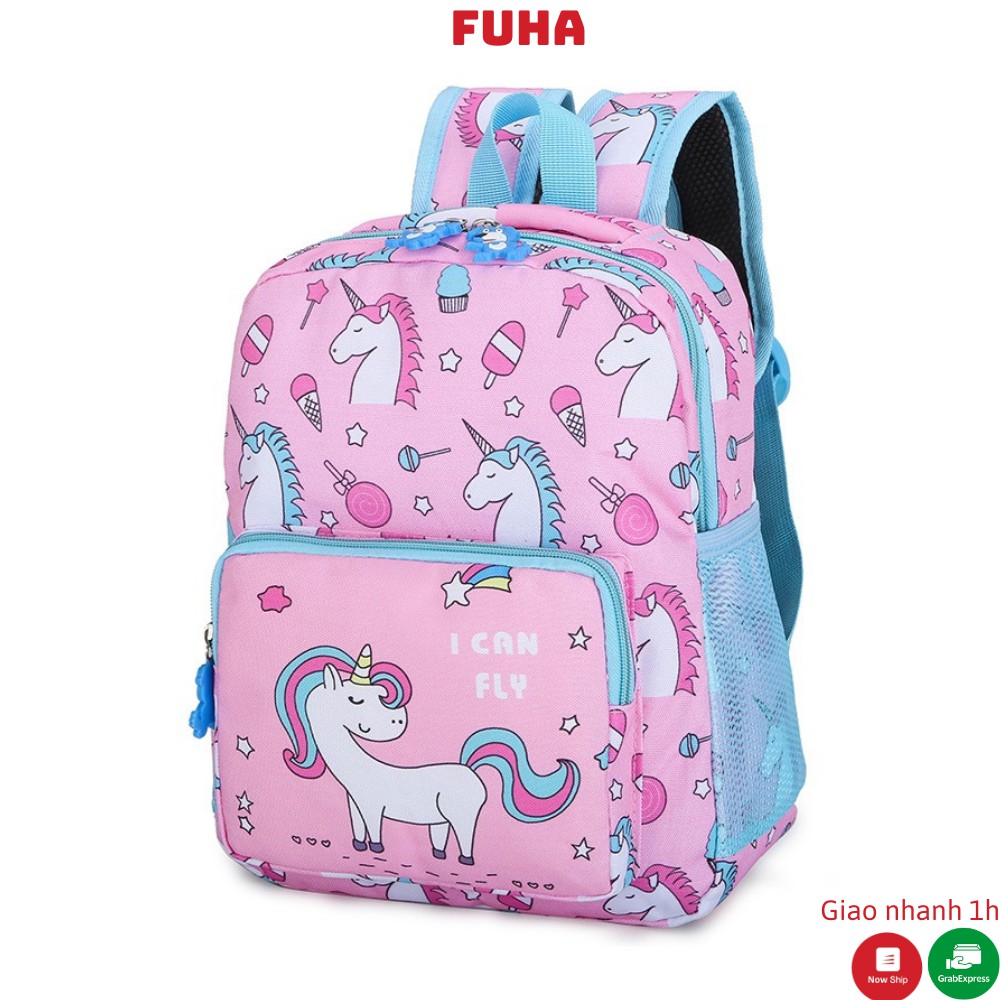 Balo đi học cho bé FUHA, cặp sách họa tiết hình ngựa unicorn nhiều màu đáng yêu dành cho bé gái