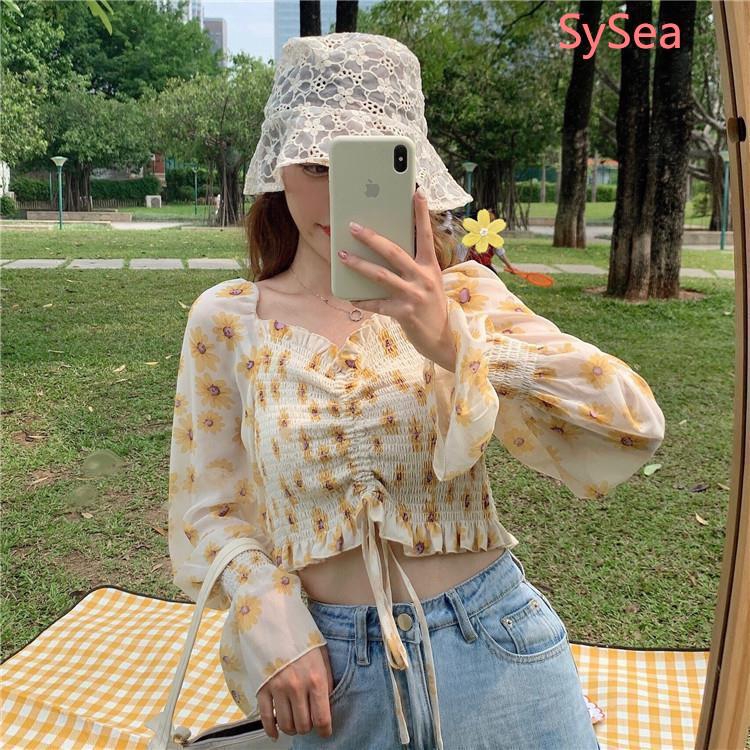 Áo Croptop Chất Liệu Vải Voan Hoạ Tiết Hoa Xinh Xắn Cho Nữ