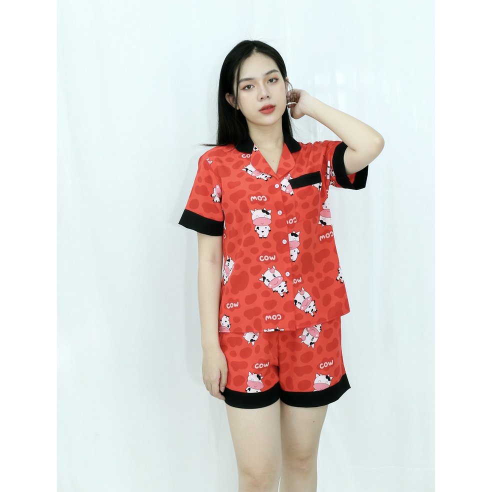 [HÌNH THẬT 100%]  Bộ đồ bộ ngắn MÀU ĐỎ CON THÚ CỰC XINH  - vải siêu lụa  - Cực Kì Sang Chảnh