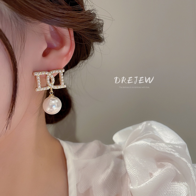 DREJEW Bông tai ngọc trai kim bạc thời trang Pháp Bông tai tính khí OL bông tai cổ điển mới 1