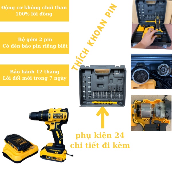 Máy khoan pin, khoan pin không chổi than DEWALT kèm phụ kiện 24 chi tiết, máy bắn vít, khoan tường cầm tay