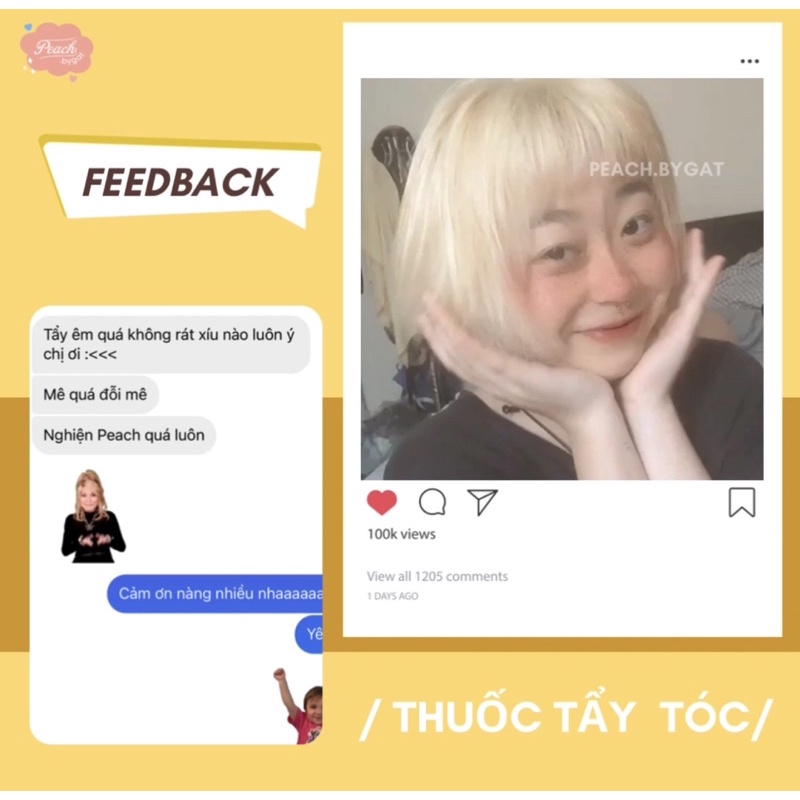 Thuốc tẩy tóc an toàn , Không khô xơ tóc Peach Collagen tặng kèm mũ trùm tóc và găng tay của Peachbygat