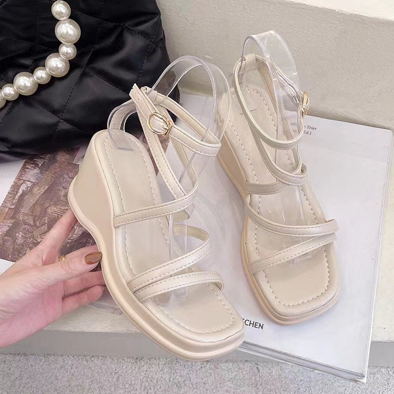 Xăng đan Đế Xuồng Dày 6-8Cm Hở Ngón Phối Quai Ngang Trẻ Trung Hợp Thời Trang Cho Bạn Gái