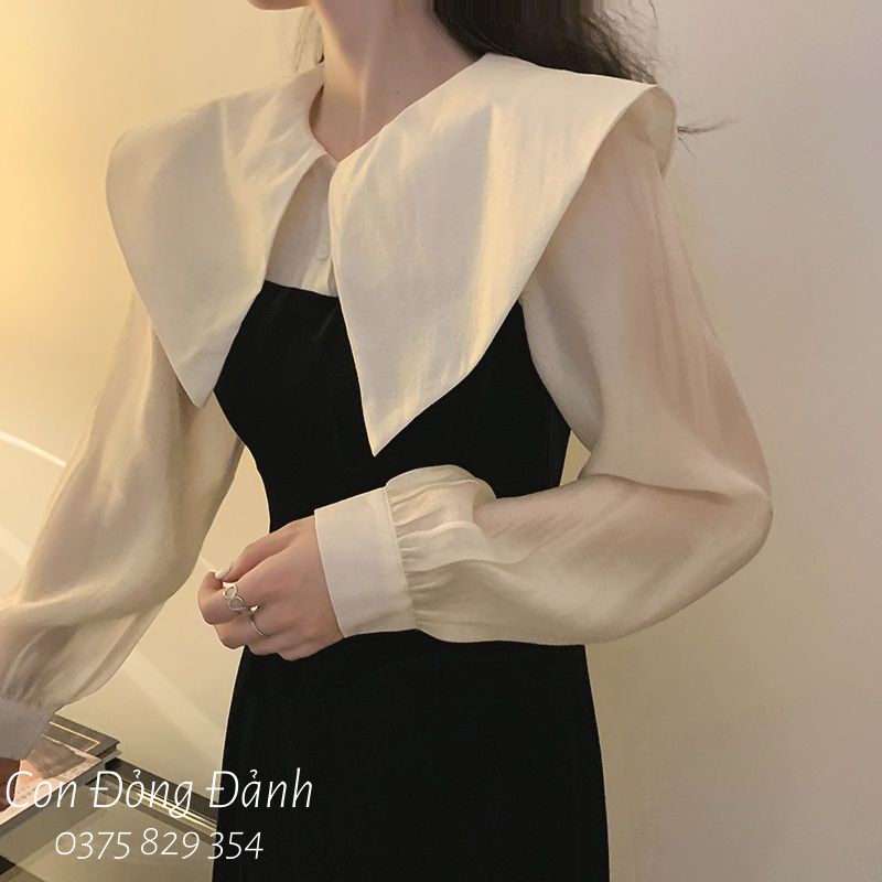 Váy Nhung Mỏng Cổ Voan Siêu Mềm dài tay mùa thu con đỏng đảnh VD045 ảnh thật