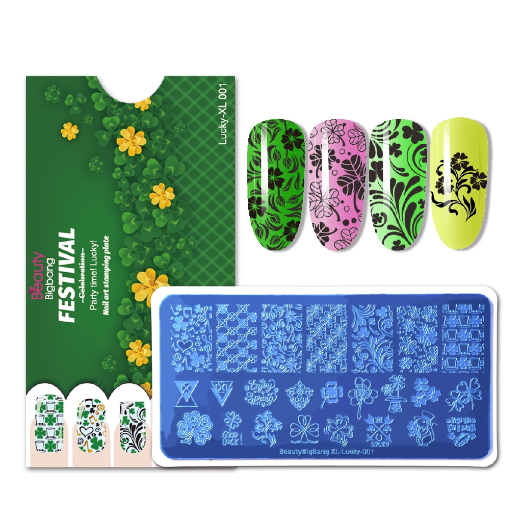 BEAUTYBIGBANG Lucky XL-001 Rectangle Nail Stamping Plate St. Patrick's Day Four-leaf clover lucky Theme Manicure Nail Art Image Template Manicure Stencils Tool CEP